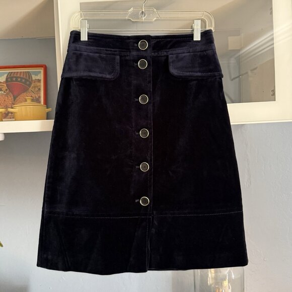Karen Millen Tailored Velvet A-Line Skirt Button-Front Knee Navy Blue Sz 6 - Picture 1 of 7